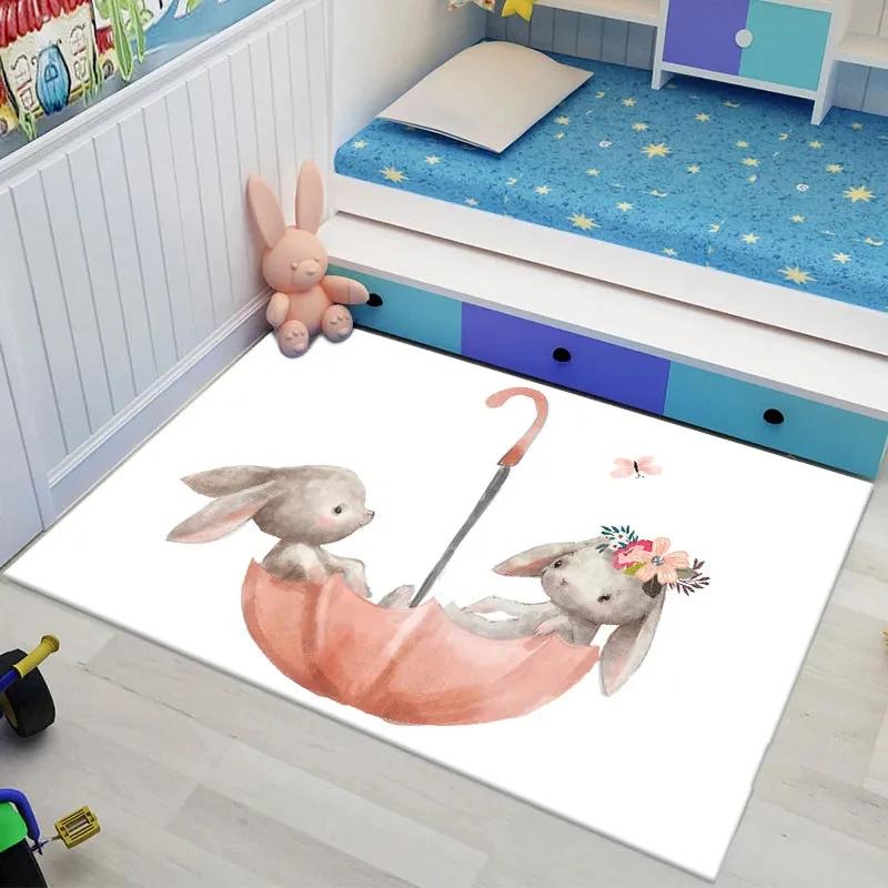 Bunny Carpet For Easter Living Room Decor Lovely Cartoon Rabbit Print Crawling Mat Doormat Area Rug Bedroom Bathroom Floor Mats