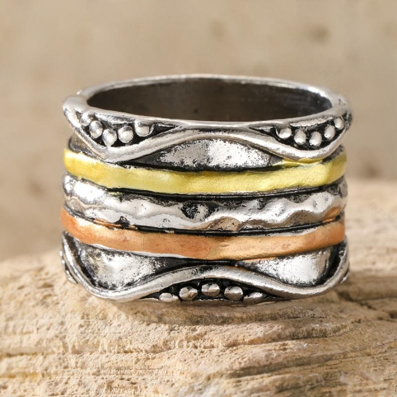 

Vintage Trend Irregular Multi-color Line Wide Face Ring, Women s Personalized Ethnic Style Holiday Accessories Zircon 6
