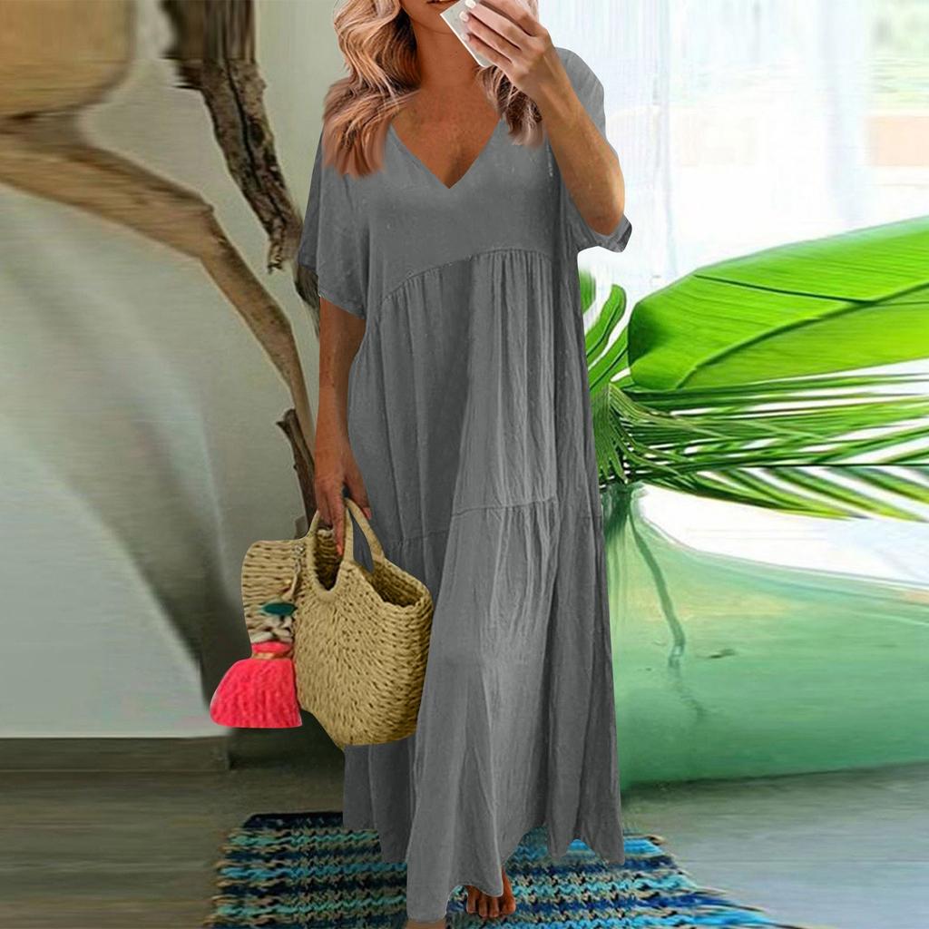 Women's Summer Fashion V-neck Solid Color Large Size Loose Long Large Swing Short-sleeved Dress