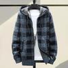 Fall Winter Men Coat Zip-up Knitted Long Sleeves Thick Plush Plaid