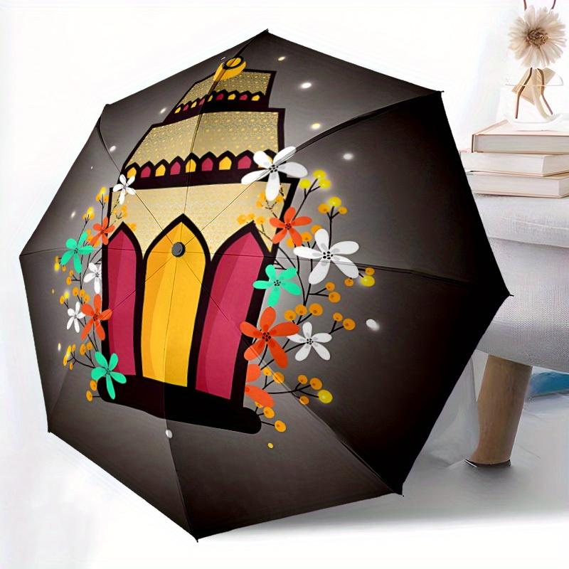 1pc Lantern Automatic Folding Umbrella - 8-Rib Iron Frame, Windproof, Portable Sunshade with Plastic Handle for Travel & Outdoor Activities,