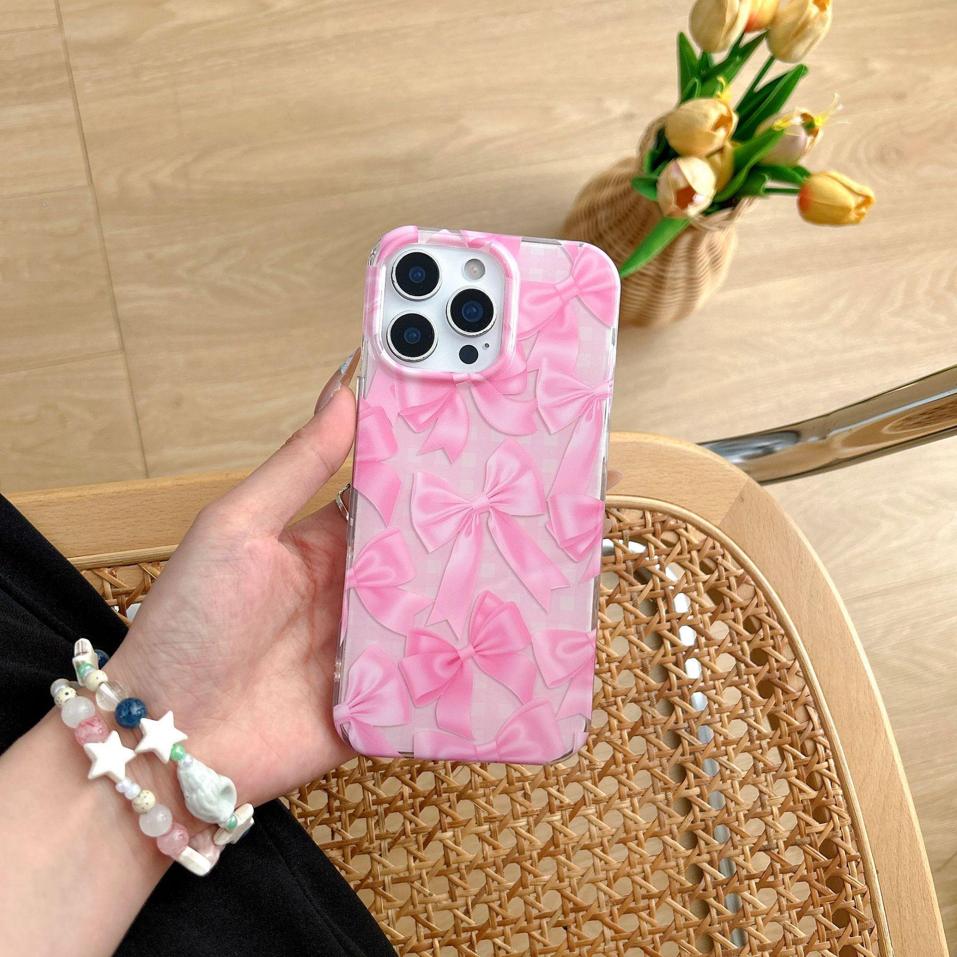 

Girl s Pink Plaid Bow iPhone 16/17 Pro Max Case, Double Layer for iPhone 14/15 13 Pro