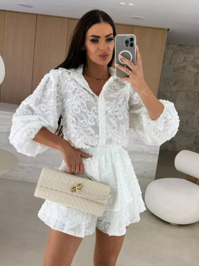Summer European and American women's clothing jacquard hollow casual long-sleeved top + pants set