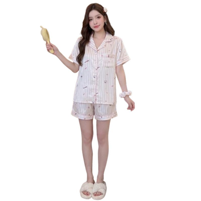 Summer New Girl Student Cartoon Striped Printed Pajamas Cute Ice Silk Thin Short-sleeved Loungewear Two-piece Set