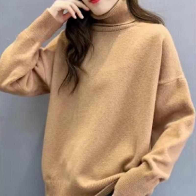Autumn and winter explosion high-grade lazy style solid color knitted bottoming shirt thin top turtleneck pullover women's casual