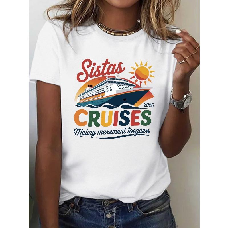 

Женская футболка Sistas Cruises европейского размера - С лозунгом «Создавая воспоминания вместе», с коротким рукавом, свободного кроя, повседневная одежда для круиза и на каждый день S белый