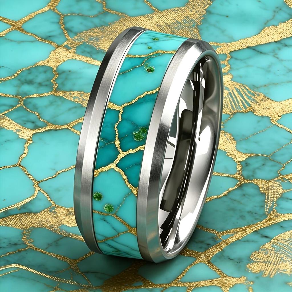 With Turquoise and Golden Marble Pattern Inlay Rings Luxury 8mm Stainless Steel Ring For Men Women For Wedding Band Jewelry Gift