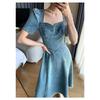 Blue Denim Dress Women's All-match Summer Design French Retro Slim Square Collar Long Skirt
