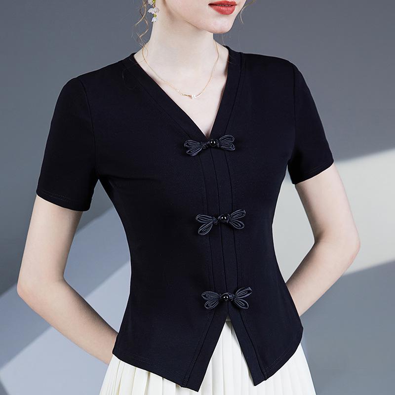 

Футболка из хлопка с V-образным вырезом и бантом на пуговицах, лето 2024 г. - модный женский топ 3XL чёрный