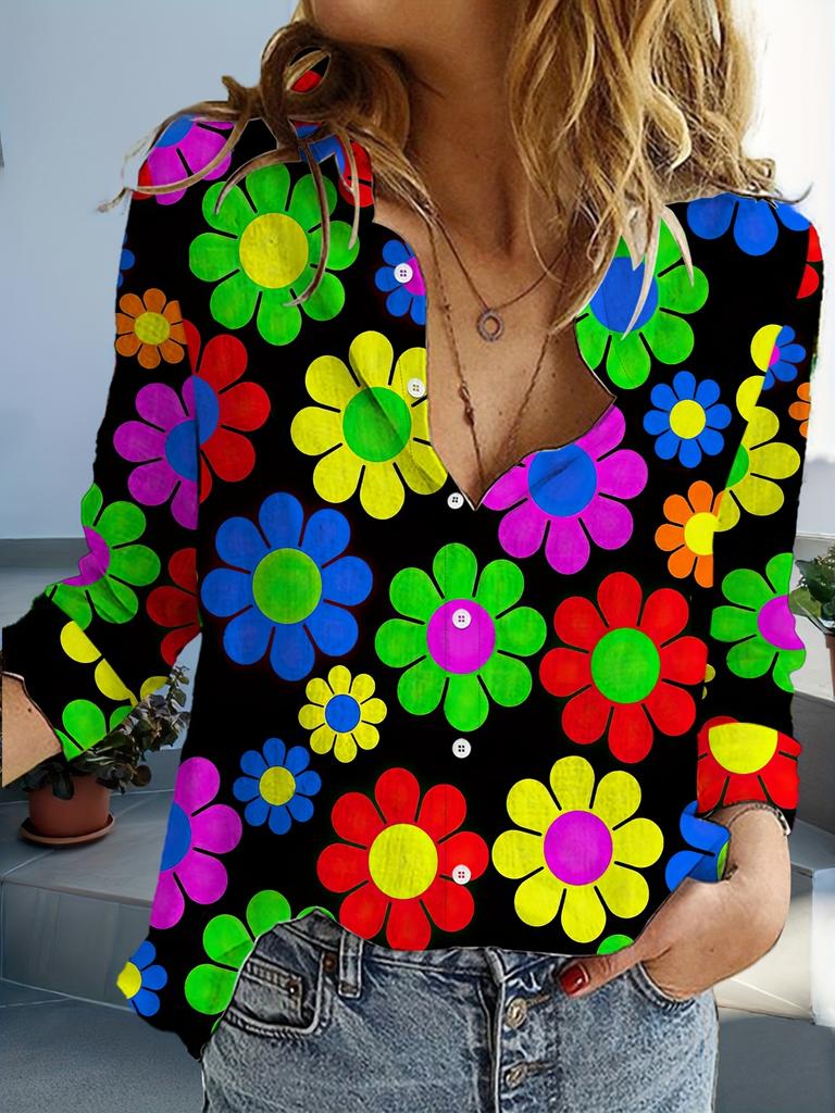 Fashion Multicolour Flower Style 3D Print Women Long Sleeve Shirts Autumn Holiday Casual Ladies Blouse Tops Women's Clothing