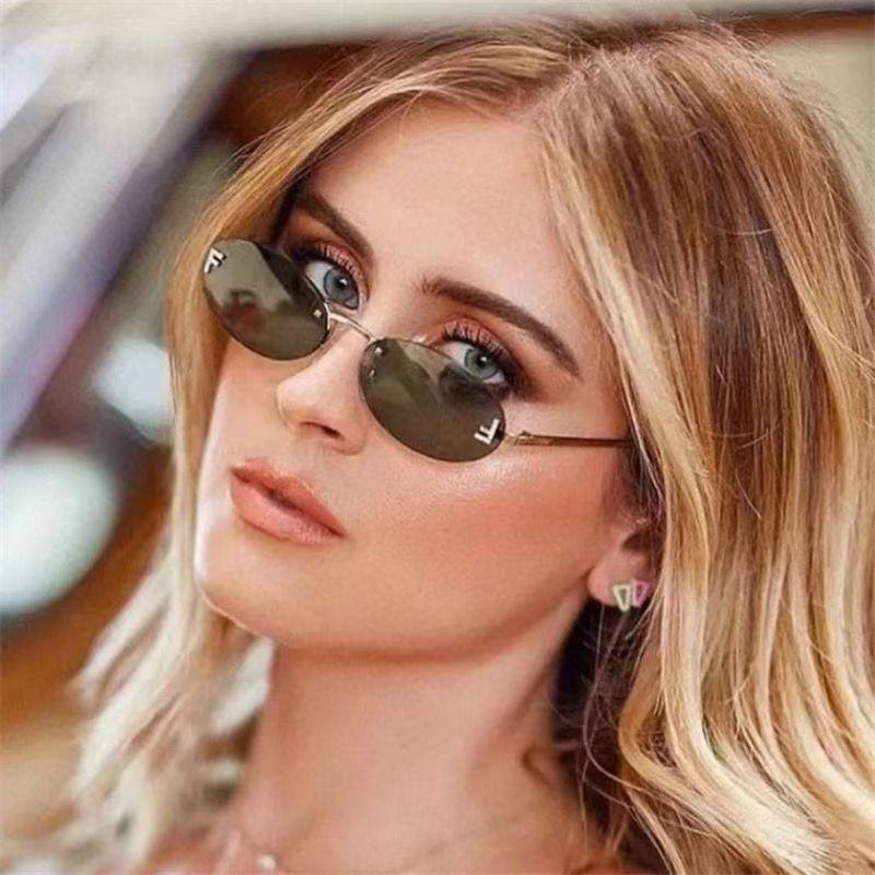 

Star Model with Diamond Letter F Frameless Oval Elegant Sunglasses Internet Celebrities with The Same Street Sunglasses no case