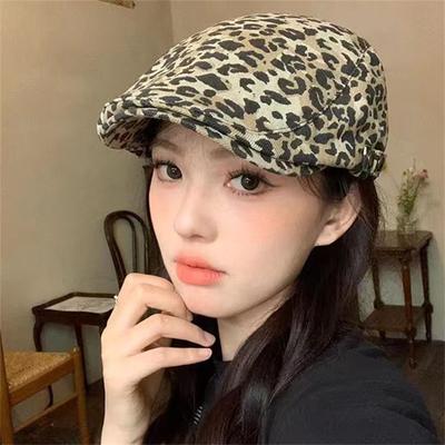 Retro Leopard Forward Hat for Women Y2K Kpop Girl Cotton Newsboy Duckbill Cap Adjustable Artist Painter Peaked Hats Visors