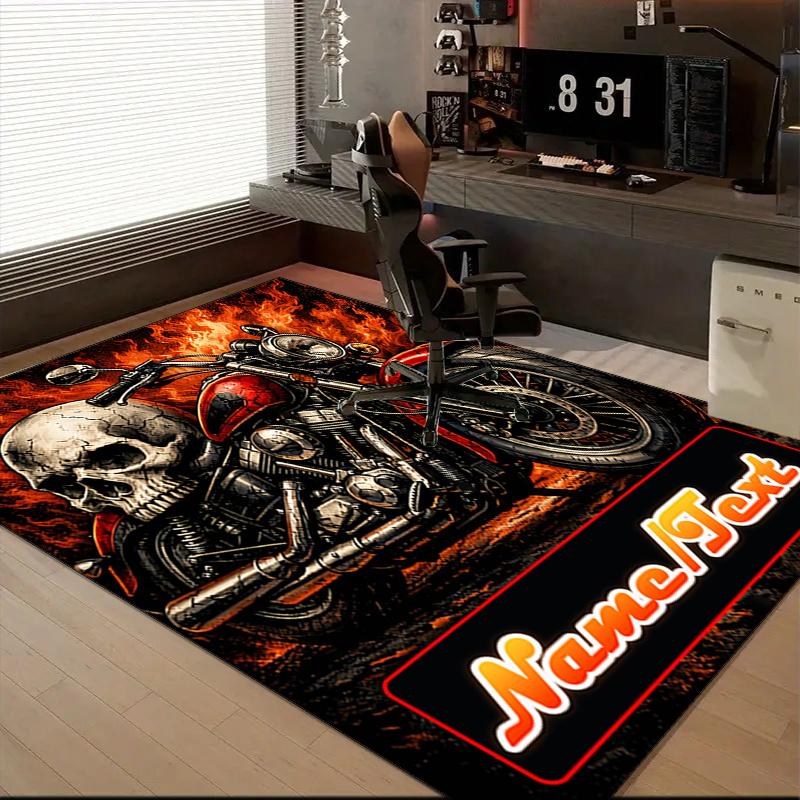 1PC Custom Name Skull Motorcycle Flames Theme Floor Mat Ideal for Living Room, Game Rooms, Office, Bedroom,Floor Mat Playful Design