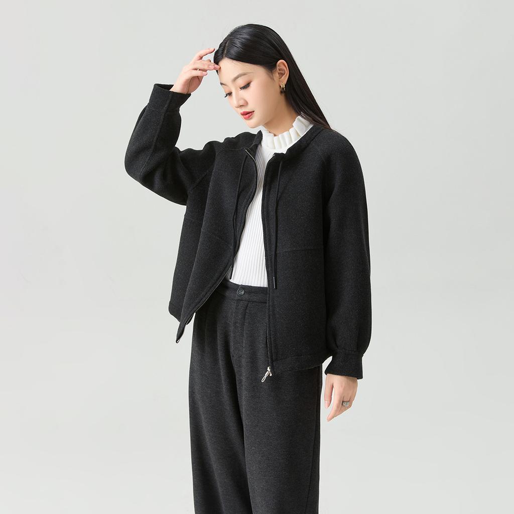 Casual Zipper Sweater Cardigan Crew Neck Drawstring Women's Woolen Jacket Wool Cashmere Top Fashion Casual