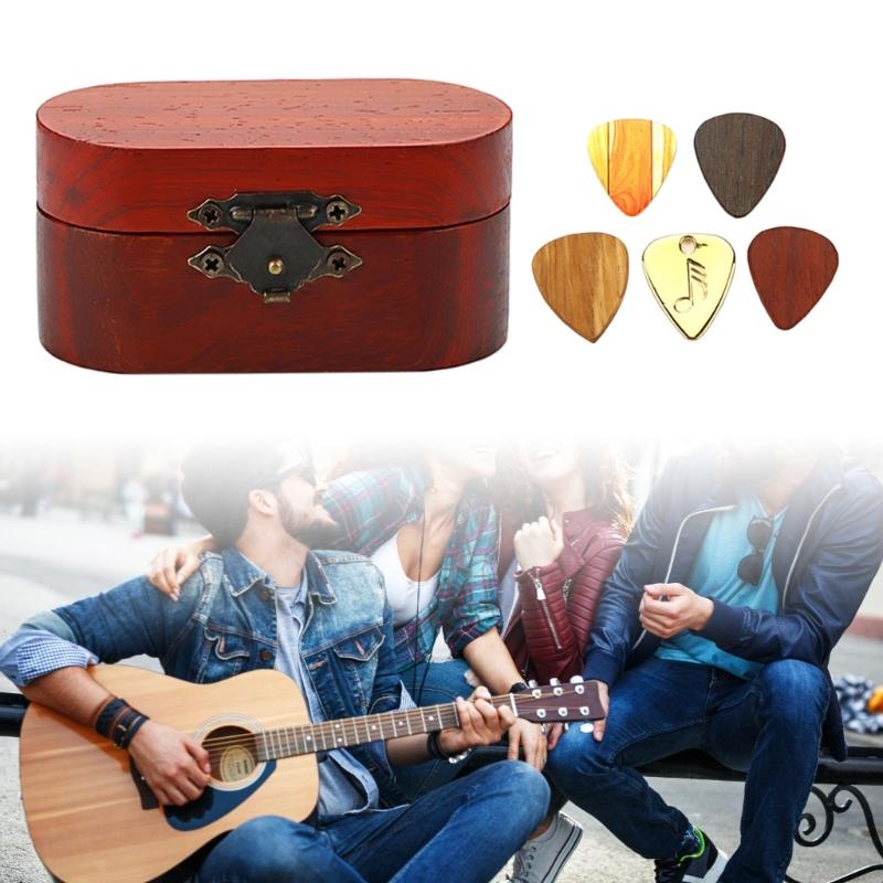 Wood Guitar Pick Storage Box Container Portable Guitar Pick Box Holder Collector with 5 Guitar Pick Gift for Guitarist