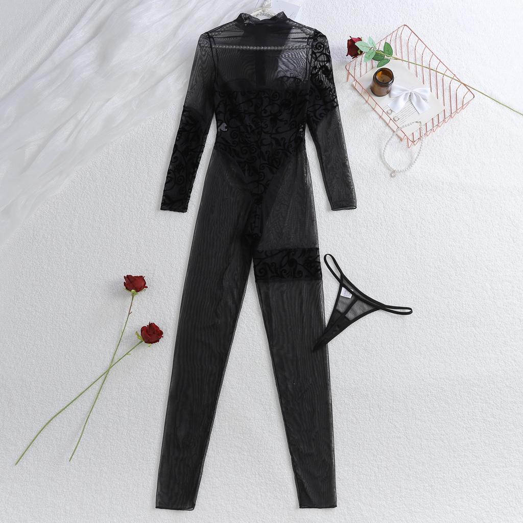 Sexy Damen-Body mit Spitzenstickerei, Rundhalsausschnitt, transparent, lange Ärmel, modisches, leichtes und atmungsaktives Dessous-Top zum Drunterziehen