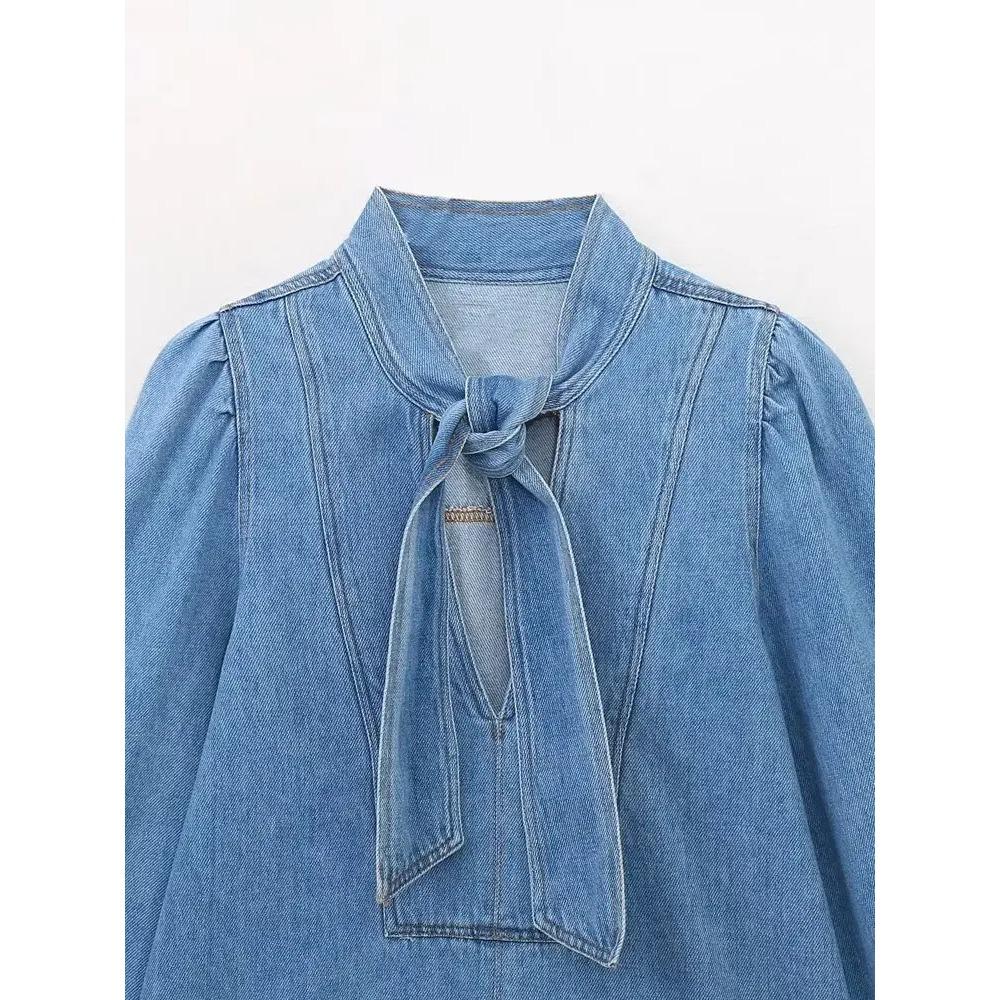 Nová dámská vysoce kvalitní módní kovbojská košile s mašlí a stojáčkem