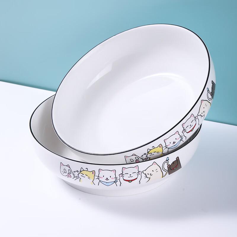 ZISIZ Cute Cat Ceramic 9-inch Large Soup Bowls (Set of 2)
