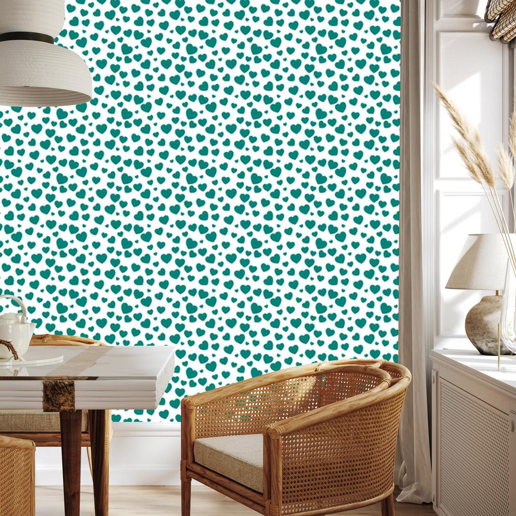 Heart Wallpaper White, Turquoise, Celadon and Mint 50x1000
