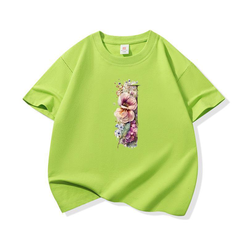 Kids Cotton T Shirt Floral Letter I Print Crew Neck Short Sleeve Tee Casual Boys Girls Summer Tops