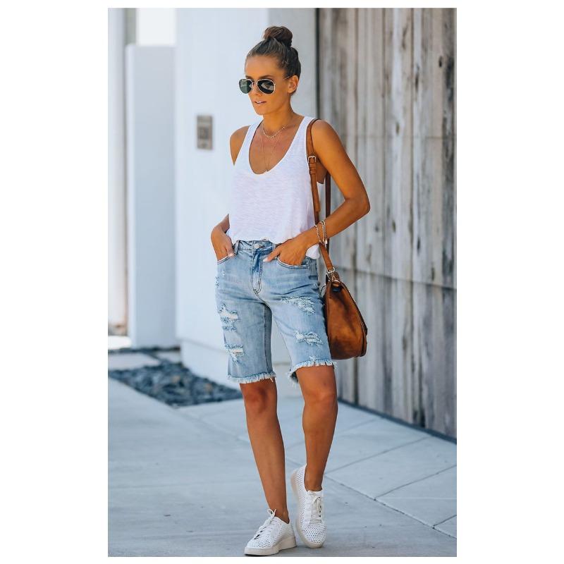 Fringed High-stretch Little Leg Pants Mid-waist Quarter Pants Ripped Jeans Woman