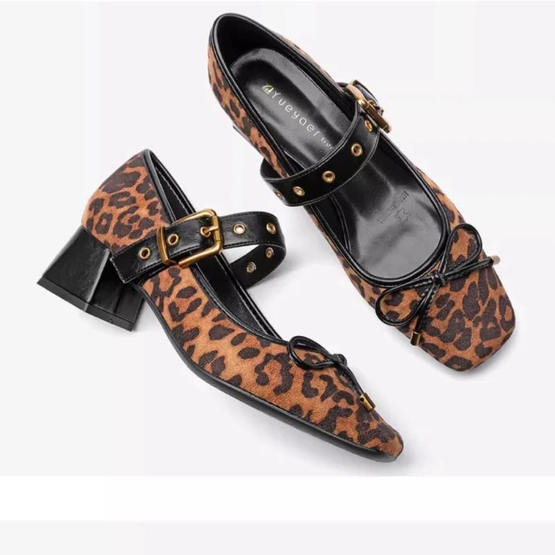 Fashion Square Toe Leopard Lady Pumps Autumn New Women Mid Heels Shoes Trend Famale Elegant Bow One Strap