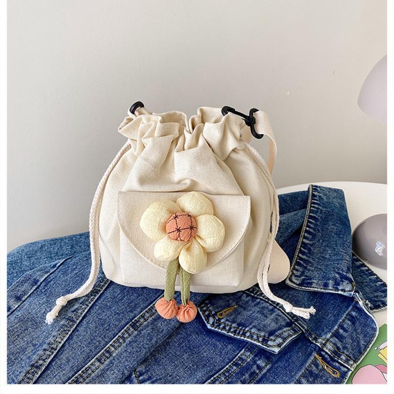 Cute Girl Crossbody Bag Casual Shoulder Bag Women Japanese Minimalist Drawstring Bucket Bag New Floral Design