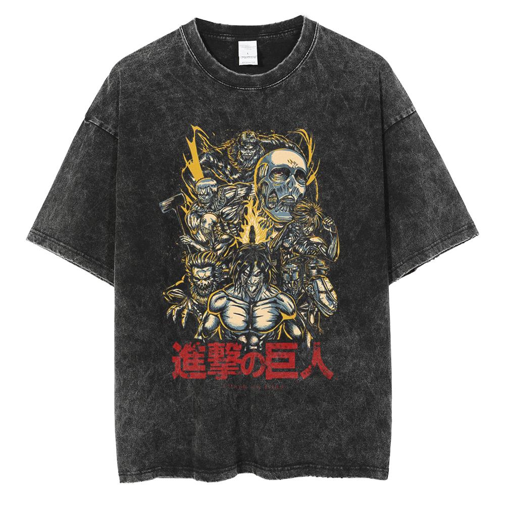Eren Jager Attack on Titan Summer Streetwear Washed T-Shirt Anime Graphic Print TShirt Men Harajuku Cotton Oversize Vintage Tee