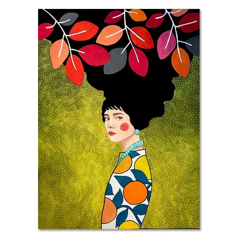 Moderne kvinner Fargerike blomsterhår Pike Veggkunst Lerretsmaling Nordisk plakat Vintage veggbilder til stuen