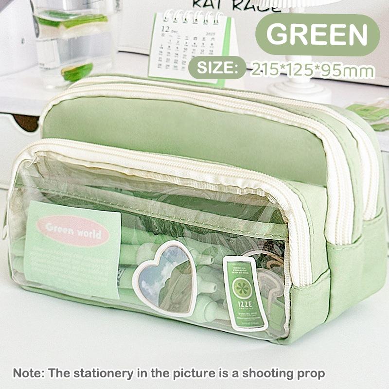 

Chic Solid Color Pencil Case Korean Simplicity Transparent Pen Pouch Large Capacity Stationery Organizer Bag School Supplies 1Pc зелений