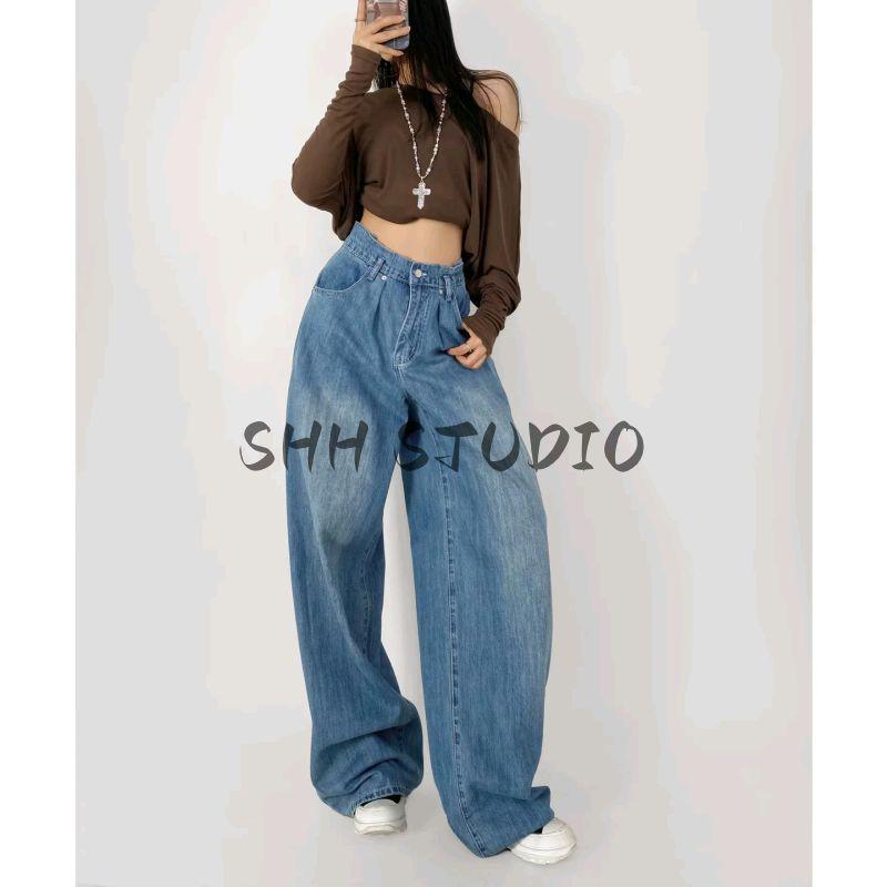Summer New Product Women's Clothes French Style Casual Style Slim Looking Waist Pinch Pleated High Waist Wide Leg Mop Long Denim