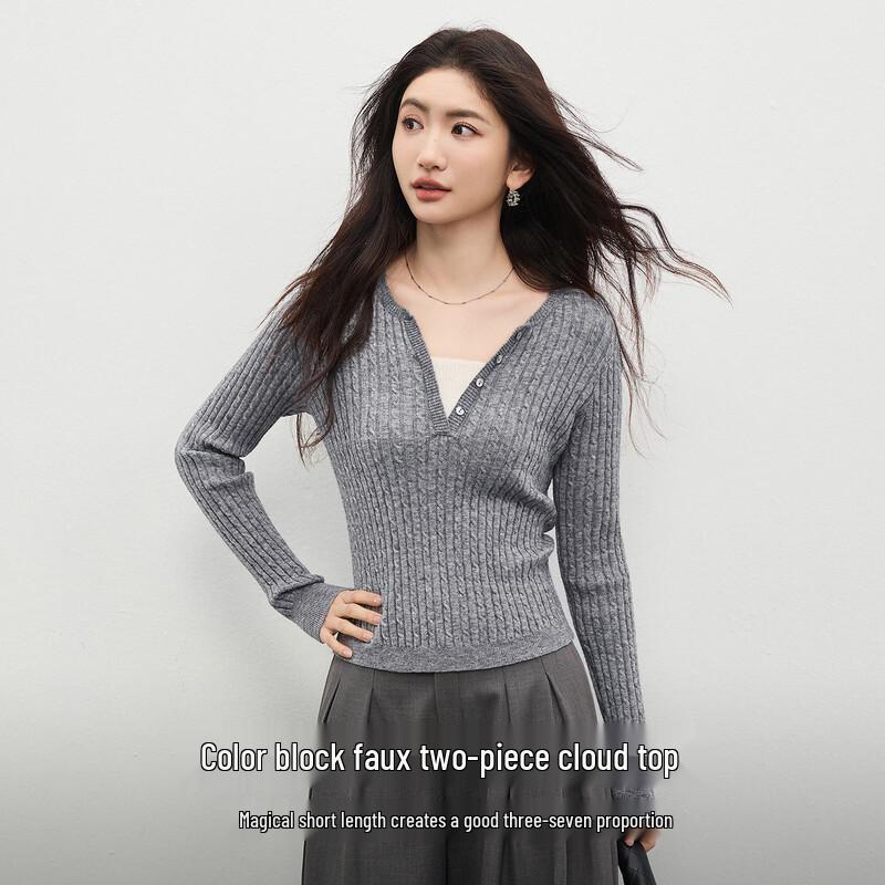 Women's Faux Two-Piece V-Neck Knit Sweater