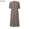 ZANZEA Womens Plaid Maxi Dress Casual V Neck Short Puff Sleeve Side Slit Vintage Loose Long Dresses