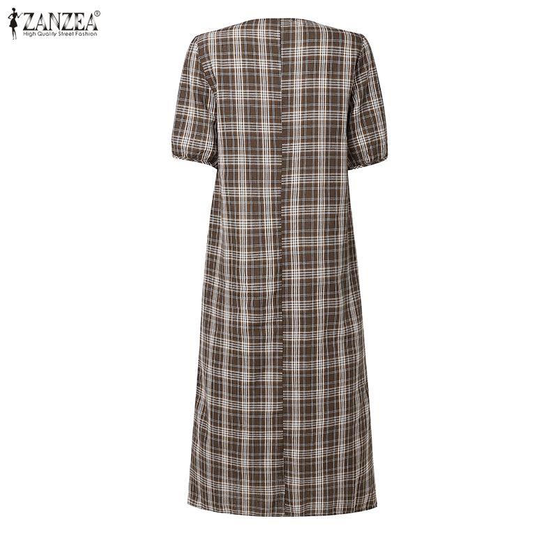 ZANZEA Womens Plaid Maxi Dress Casual V Neck Short Puff Sleeve Side Slit Vintage Loose Long Dresses