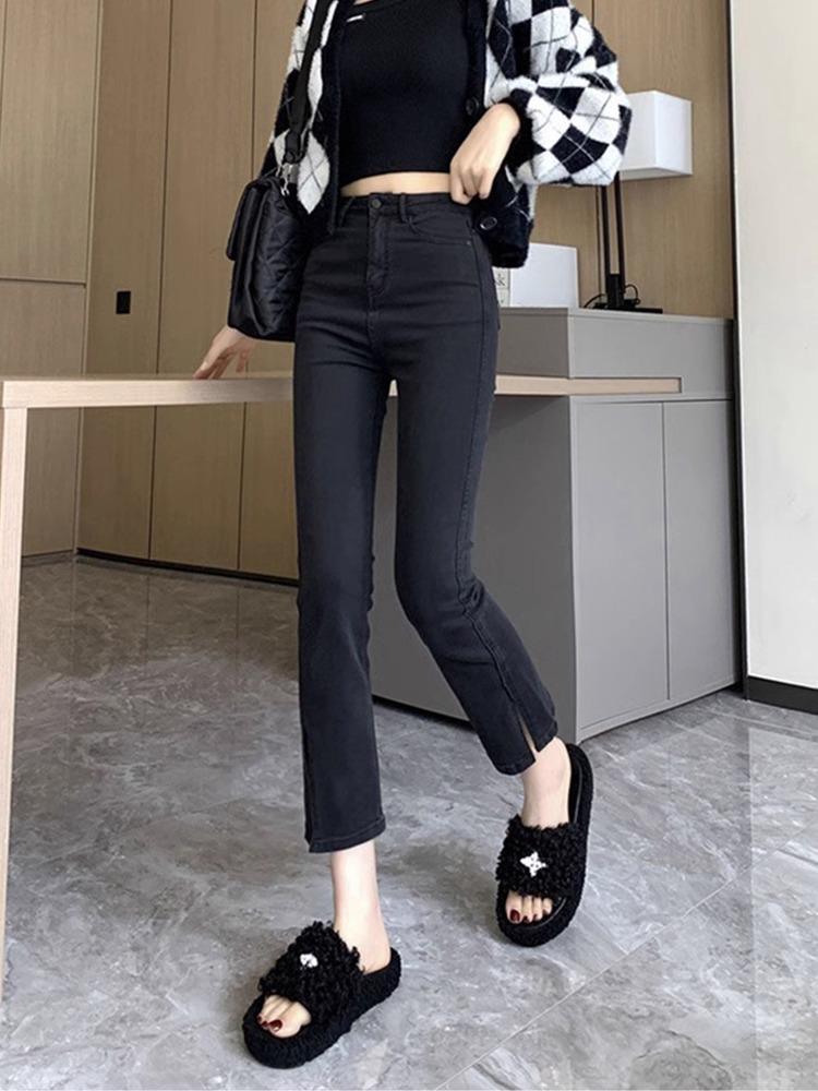 2023 Summer High Waist Black Slit Straight-Leg Petite Jeans