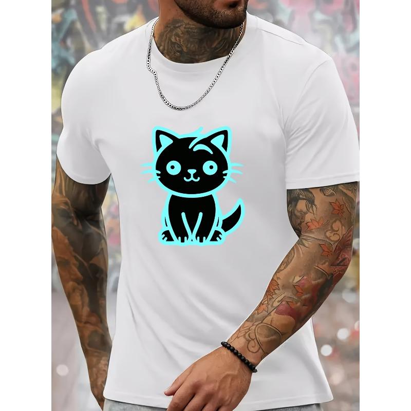 European sizes Men'S Summer Casual Short Sleeve T-Shirt with Cute Cat Print, Round Neck, Regular Fit, Graphic Tee for Adults