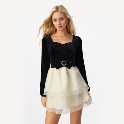 Spring Solid Color Patchwork Long Sleeve Mesh Bow Embellished Dress