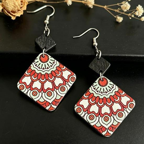 Western Wind Ethnic Wood Geometric Diamond Pattern Double-Sided Earrings