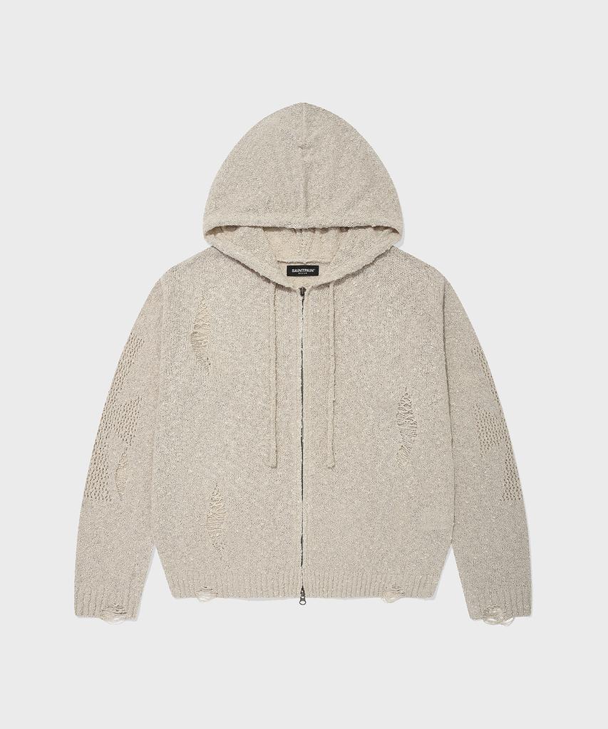 SAINTPAIN Sp Cross Damaged Knit Zip-Up Ivory