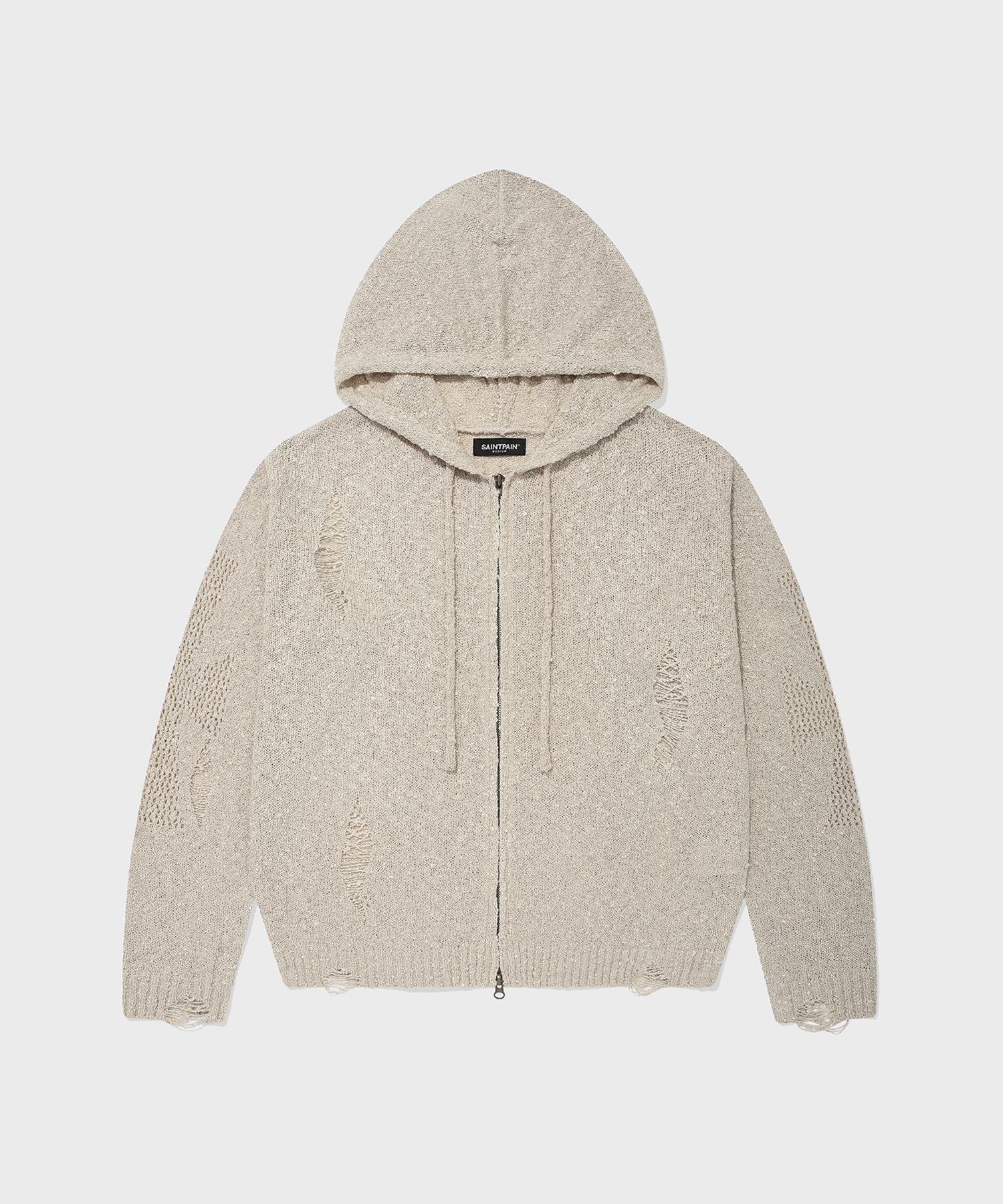 Saint Pain Sp Cross Damaged Knit Zip-Up Ivory Ivory/M