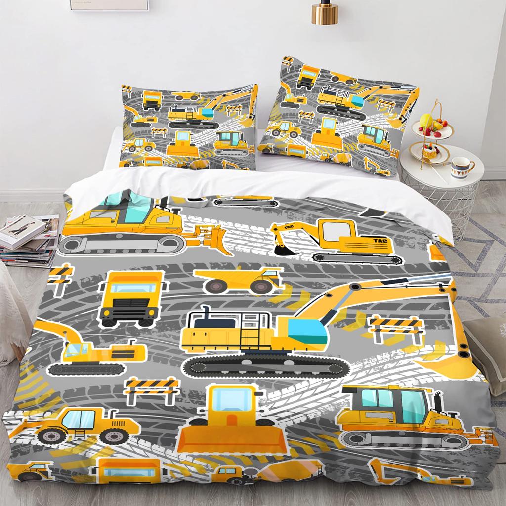 Truck Excavator King Queen Duvet Cover Yellow Tractor Bedding Set For Kids Boys Girls Cartoon Car Transporter 2/3pcs Quilt Cover