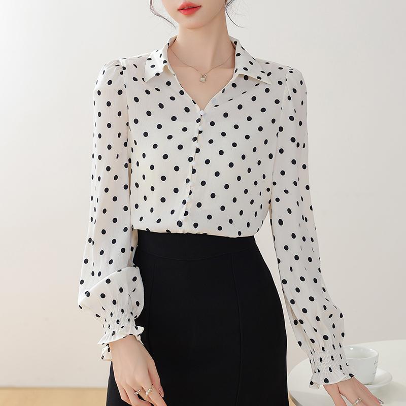 Women Blouses Shirts 2025 Spring Long Sleeve Women Blouse Shirt Turn Down Collar Dot Chiffon Blouse Shirt Women Tops J912