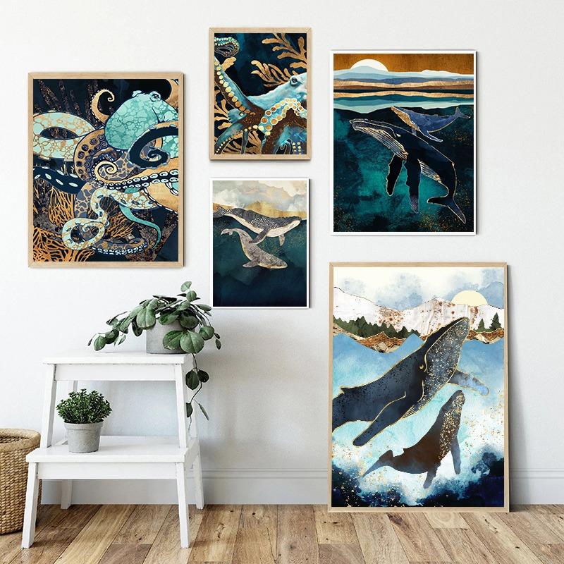 Abstract Marine Life Whale Octopus Canvas Painting Ocean Animals Prints Posters Wall Art Picture Living Room Home Decor No Frame