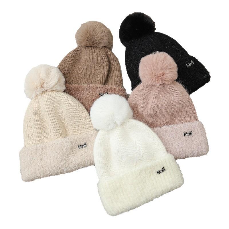 Metal standard knitted wool hat autumn and winter hat women's versatile velvet thickened windproof warm hat cute hairball hat