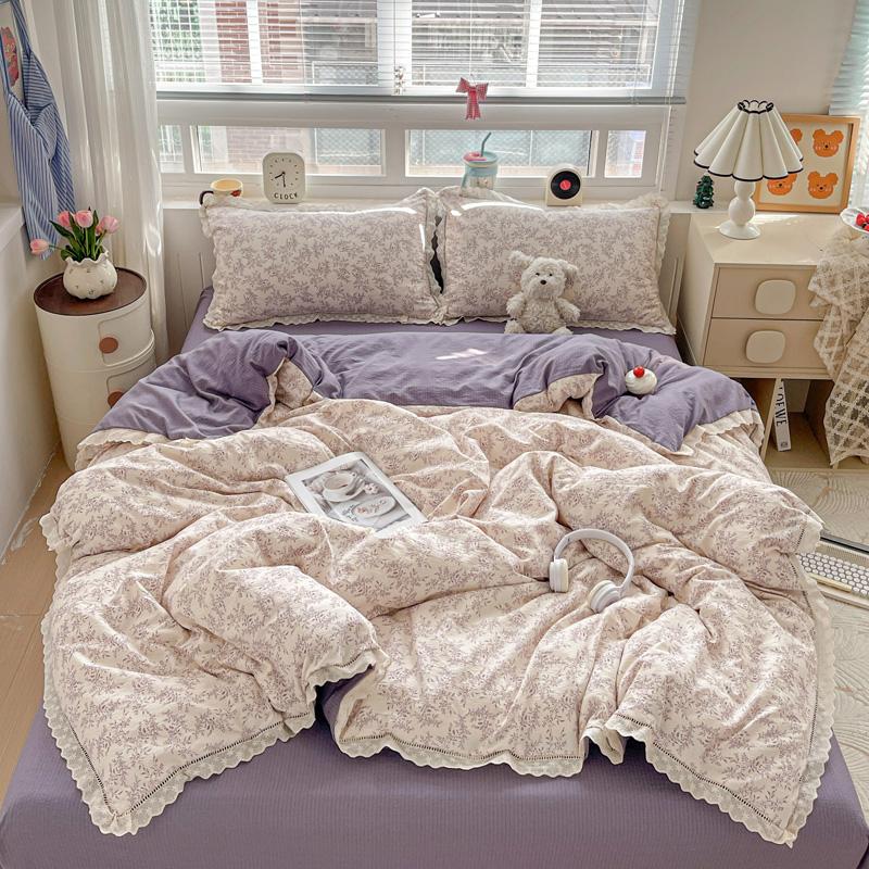New Bedding Set INS Princess Soft Bed Flat Sheet Set Twin Queen Double Size Cotton Lace Duvet Cover Pillowcase Bed Linen