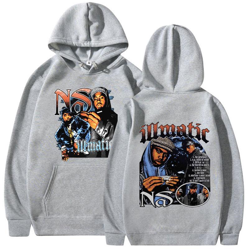 90er Jahre Rapper Nas Illmatic Hoodie Y2k Herrenmode Vintage Hoodies Fleece Warm Langarm Kapuzenpullover Hip Hop Streetwear