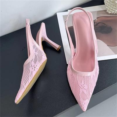 Moda Verão Malha Respirável Sapatos Femininos Flor Bico Fino Scarpins Femininos Elegantes Slingbacks Salto Fino Sapatos de Banquete Zapatos De Mujer