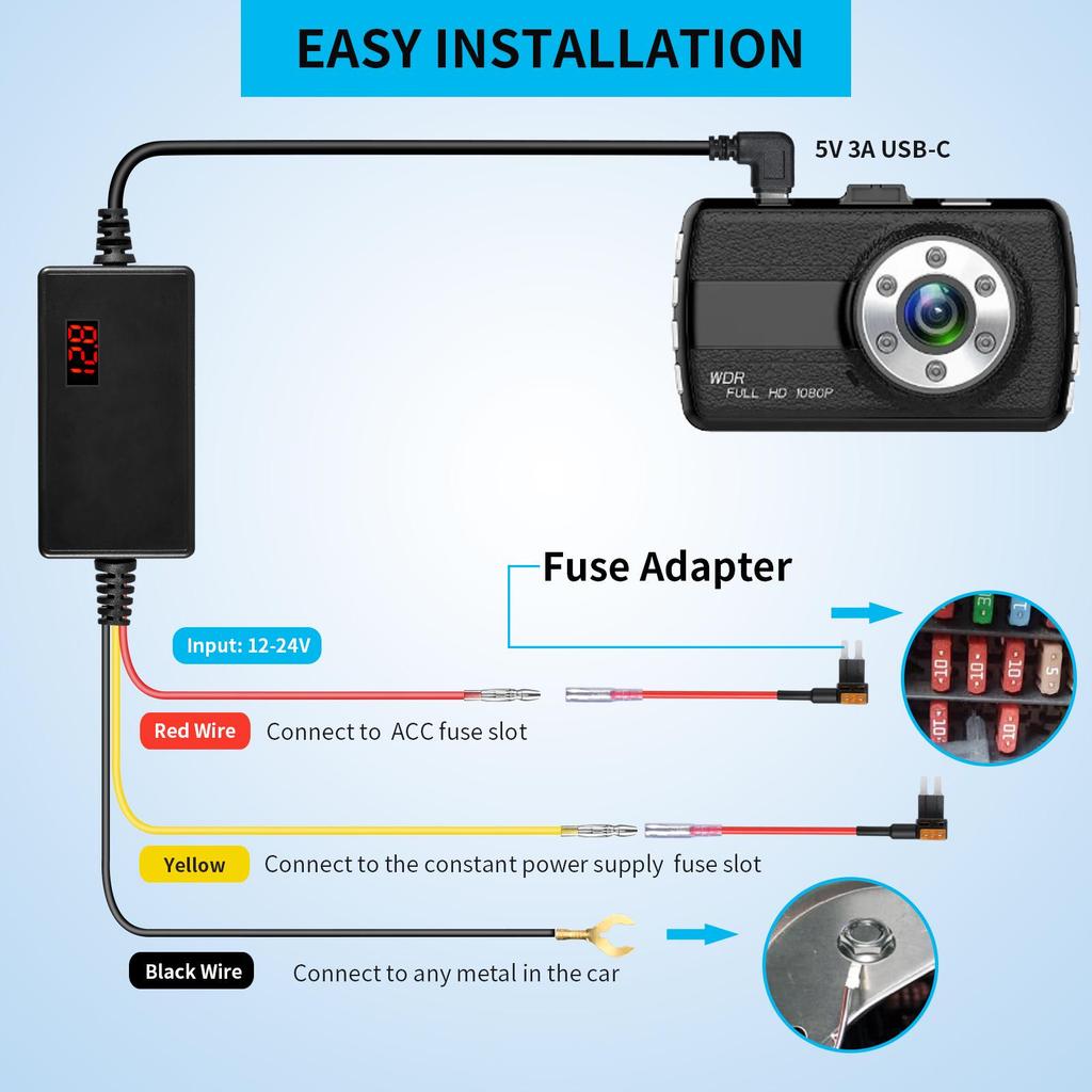 Caricabatteria per auto a tensione regolabile con dash cam time-lapse e display digitale