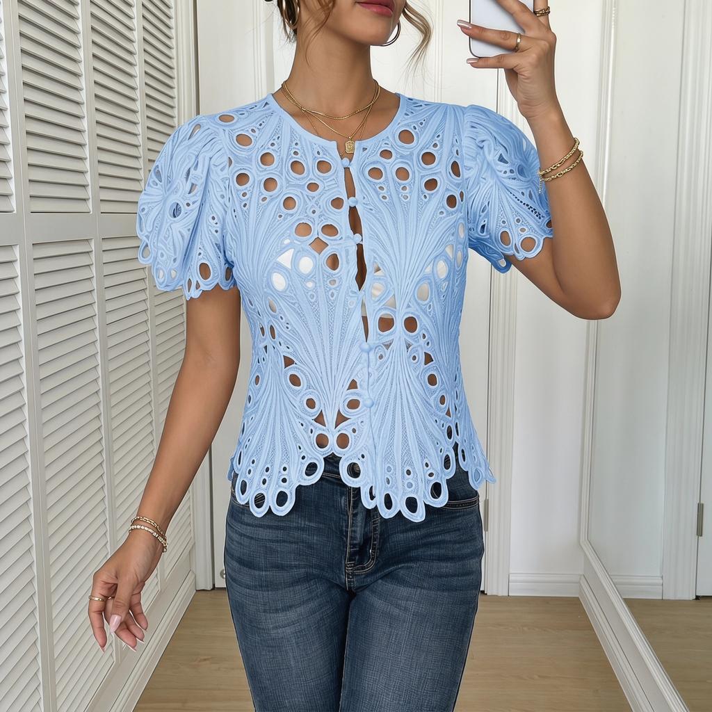 European Style Summer Solid Color Fashion Casual Short Sleeve Blouse Women