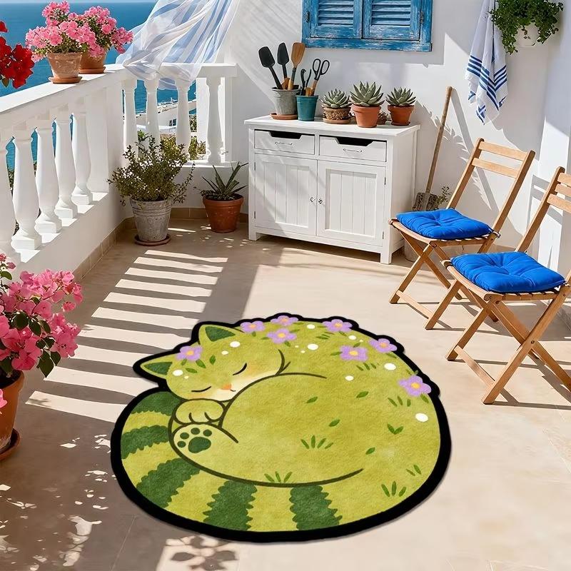 Cute Curled Sleeping Cat Shaped Rug Floral Plant Print Non‑Slip Floor Mat For Kids Room Bedroom Indoor Home Decor